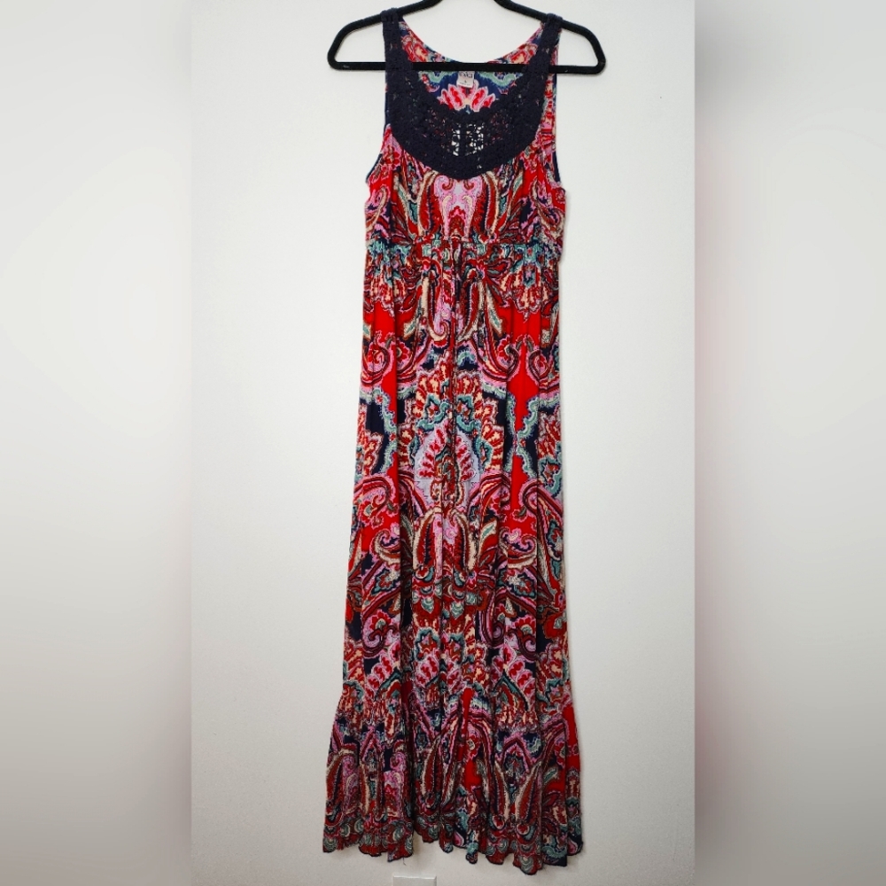 Bila bohemian redpaisley floral navycrochet sleeveless 100% Rayon maxi Dress